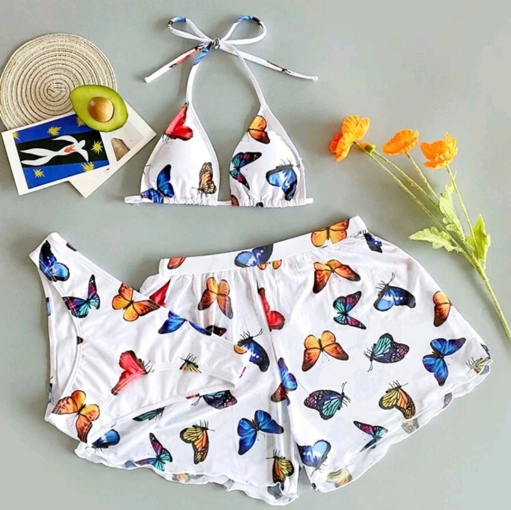 3 Piece Butterfly Print Bikini Set with Top, Bikini Bottoms, and Shorts, Size M